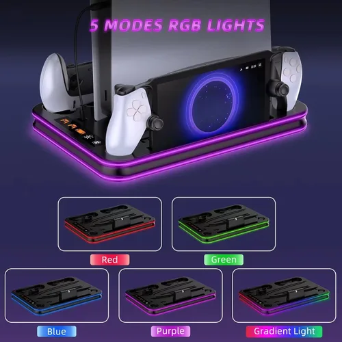 Vista 4 de Cargador PlayStation Portal, Soporte PS5 y Estación de Refrigeración con Accesorios de Base de Carga de Controlador LED RGB, Controlador PS5 Edge