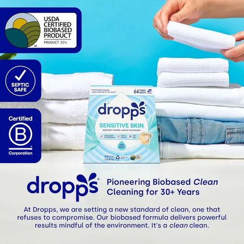 Vista 6 de Dropps Cápsulas de detergente para ropa de piel sensible, Crisp Breeze (64 unidades) - Hipoalergénico y probado por dermatólogos Sin tintes