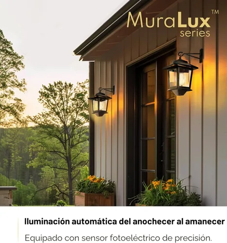 Vista 3 de PASAMIC Paquete de 2 faroles solares de pared con bombilla reemplazable, luces colgantes al aire libre con 4 paneles solares, aplique de pared LED