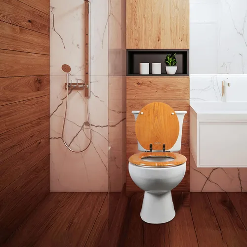 Vista 6 de Angel Shield - Asiento de inodoro de chapa de madera natural duradera con bisagras de metal, fácil de limpiar, antiarañazos, estándar americano