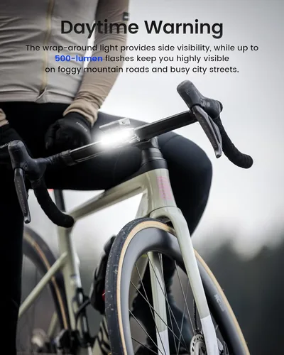 Vista 3 de Luz frontal de bicicleta Ravemen FR500 para conducción nocturna y diurna, compatible con computadoras Garmin/Wahoo, 6 modos, encendido/apagado