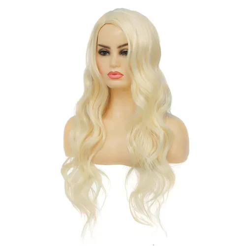 Vista 2 de Peluca rubia larga y rizada para mujer, peluca ondulada con raya lateral, cabello sintético natural para cosplay, disfraz de pelucas para mujeres
