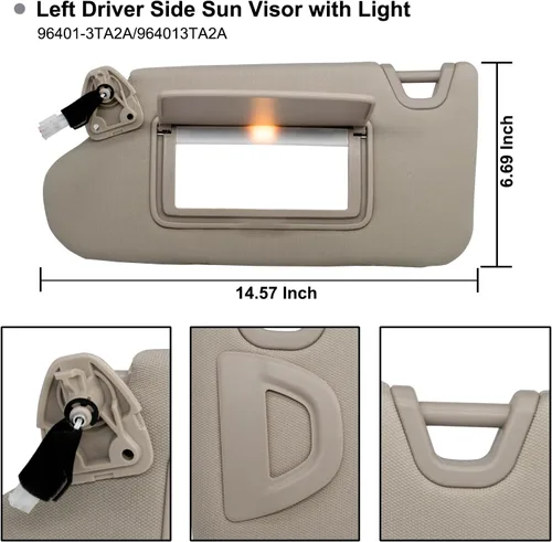 Vista 4 de NHILES Visera Solar del Lado Izquierdo del Conductor Compatible con Nissan Altima 2013 2014 2015 2016 2017 2018 con Luz, Sin Techo Solar 96401-3TA2A