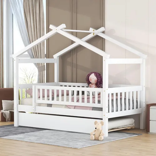 Vista 54 de Merax Cama de madera de tamaño individual con dos cajones, marco de cama de madera con techo para niños, adolescentes, niños o niñas, gris