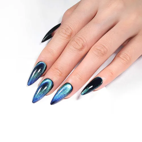 Vista 13 de Uñas postizas rojas de tamaño mediano en forma de almendra, uñas acrílicas brillantes con diseño de purpurina, uñas artificiales de cobertura