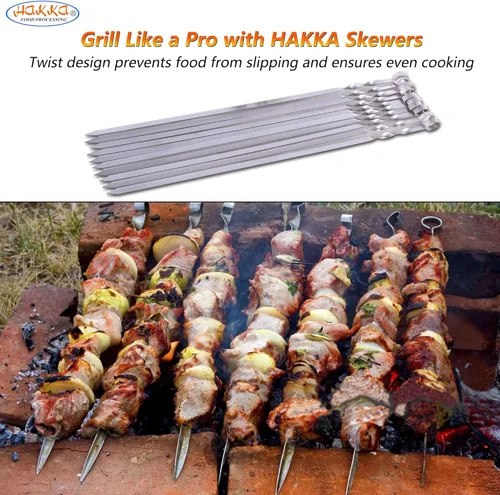 Vista 5 de Hakka - Brochetas de acero inoxidable para barbacoa, 23.6 pulgadas, pinchos de metal resistente para asar palitos grandes y anchos reutilizables