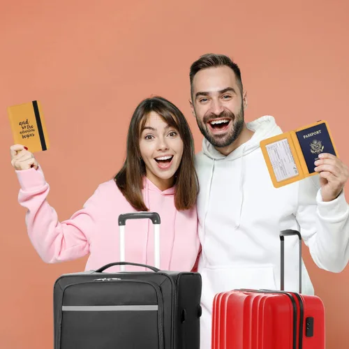 Vista 5 de Casmonal Funda para pasaporte, cartera con bloqueo RFID, funda de cuero, organizador de documentos de viaje, Combo de vacunación amarillo