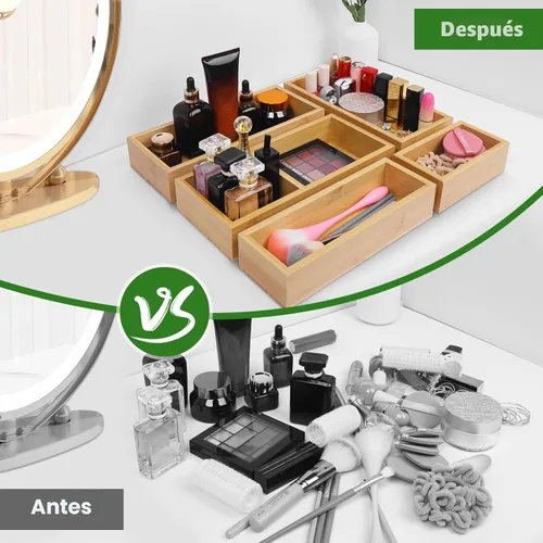 Vista 4 de Juego de organizadores de cajones de bambú, 5 piezas de organizadores individuales de almacenamiento de madera multiusos, divisor de cajón