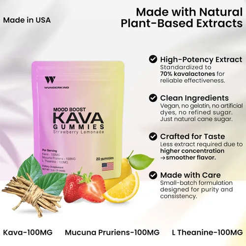 Vista 2 de WUNDERKIND Kava Gummies - Gomitas extra fuertes para mejorar el estado de ánimo, de alta potencia, 70% kavalactonas, alivio natural del estrés