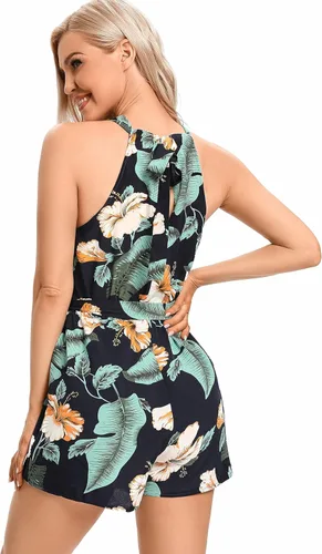 Vista 2 de LYANER Mono corto sin mangas con estampado floral y cuello halter y lazo en la espalda para mujer