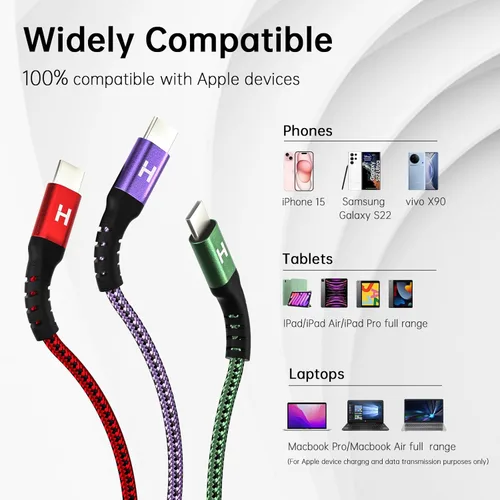 Vista 5 de Paquete de 3 cables USB C de 6 pies, 3A60 W USB A a USB C de carga rápida, cargador trenzado de nailon duradero tipo C compatible con Galaxy S22