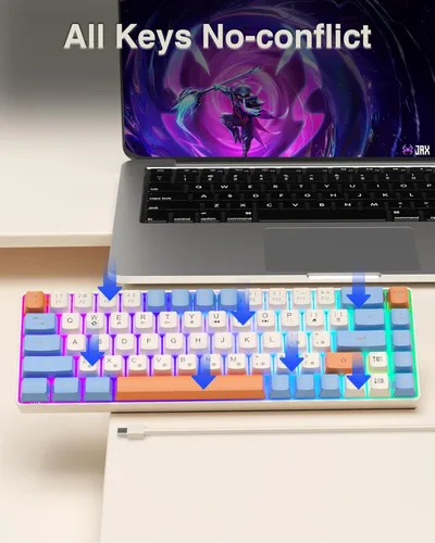 Vista 6 de Teclado 60%, teclado para juegos retroiluminado RGB con cable USB-C, portátil de 68 teclas, mini teclado compacto para viajes de negocios, oficina