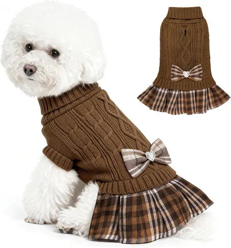 WOYYHO Vestido de suéter para perrita con corbatín, cuello alto, pequeño, con hueco para correa, suéteres de punto para perritas, ropa de invierno