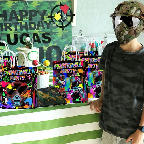 Vista 3 de Tyndallrays Bolsas de paintball de 16 piezas con asas, suministros para fiesta de cumpleaños, aperitivos de regalo, dulces, recuerdos de fiesta