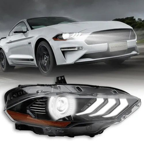 Vista 9 de Conjunto de faros delanteros LED Mustang, faros delanteros estilo OEM con reflector ámbar, conjunto de faros compatibles con Ford Mustang 2015 2016