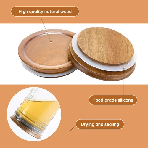 Vista 4 de Paquete de 6 tapas para frascos Mason de boca ancha, tapas reutilizables para enlatado, tapas para frascos Mason de madera de acacia con sello