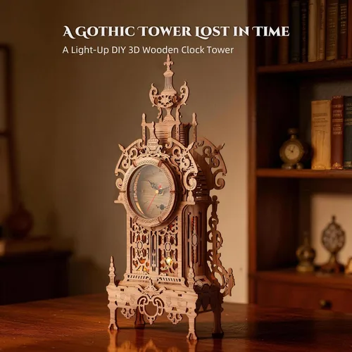 Vista 7 de FUNPOLA Rompecabezas de madera 3D Reloj de torre LED, rompecabezas 3D edificio de escritorio, modelo de bloques de construcción arquitectónicos