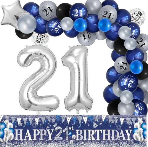 Vista 13 de Decoraciones de fiesta de cumpleaños número 16 color azul marino con 61 globos de látex, globos de aluminio con el número 16, globos de fondo