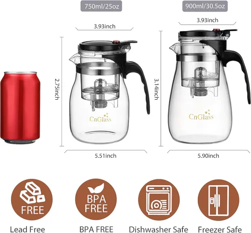 Vista 2 de Tetera de vidrio CNGLASS con infusor extraíble, tetera de té transparente de 25oz con un botón de presión para filtrar la sopa de té, juego de té