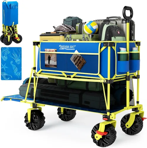 Vista 10 de Old Bahama Bay 400L - Carro de playa plegable de doble piso con frenos, carrito de playa plegable con cubierta extra larga de 54 pulgadas, vagón