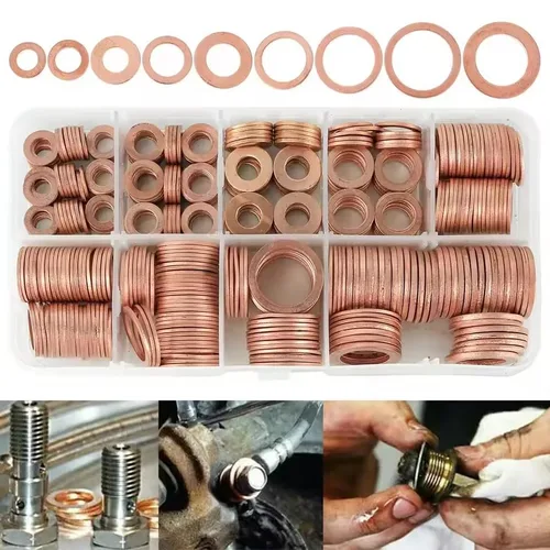 Vista 5 de 400/300/280/200/150/100Pcs Copper Washers O Ring Copper Gaskets Flat Ring Seal Kit Assortment Car Sealing Rings with Case (150Pcs M5-M14)
