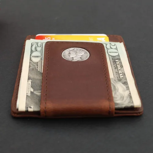 Vista 3 de US 1926 Mercury Dime 90% Silver 10 Cent Coin Magnetic Money Clip and Wallet Combo New - Crazy Horse Water Buffalo Leather