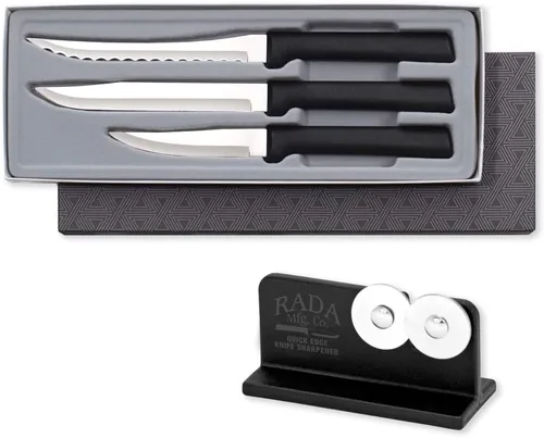 Rada Cutlery - Juego de 3 cuchillos esenciales de cocina con afilador de borde rápido, asas negras