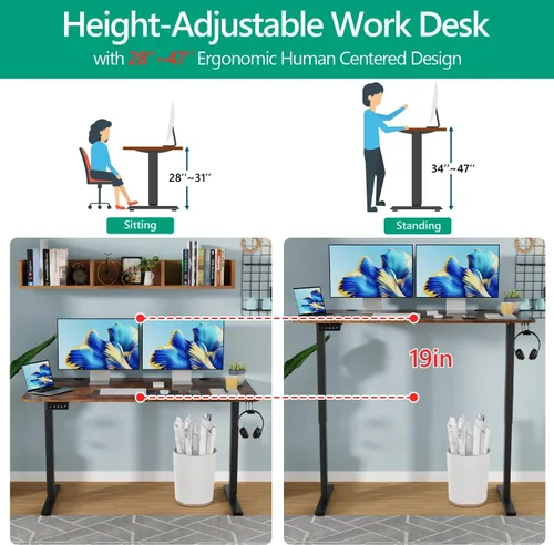 Vista 26 de Escritorio eléctrico de altura ajustable, mesa de estación de trabajo para computadora, escritorio de pie para oficina en casa