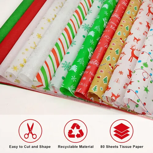 Vista 2 de AORZIT 120 hojas de papel de seda de Navidad, 12 diseños de papel de regalo con patrón de Navidad para bolsas de regalo, botellas de vino Navidad 90C