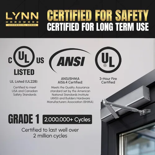 Vista 5 de LYNN HARDWARE Cierrapuertas automático de alta resistencia (plateado) - grado comercial, elección de contratistas, velocidad y fuerza ajustables