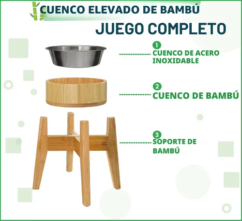 Vista 3 de Cuenco para perros para gatos y perros pequeños, totalmente natural, cuenco de cáscara de coco pulido con soporte de madera, altura total