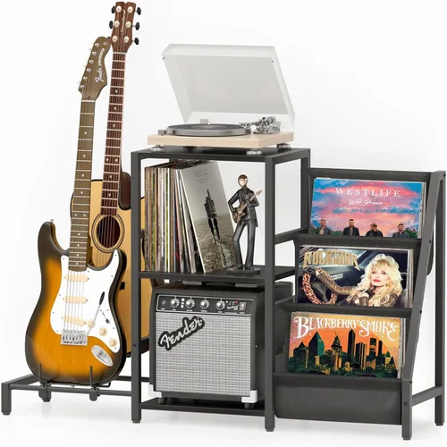 Vista 10 de Bikoney - Soporte para tocadiscos, soporte para guitarra acústica, eléctrica, bajo con soporte para amplificador, almacenamiento de discos de vinilo