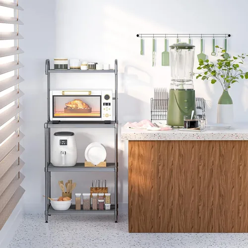Vista 9 de MEDIMALL Estante para panaderos para cocina con almacenamiento, soporte de microondas de 4 niveles, estante de almacenamiento para carrito de Blanco