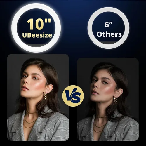 Vista 13 de UBeesize Anillo de luz de 10 pulgadas con soporte superior para teléfono, luz LED para selfie con soporte y soporte para teléfono, luz de escritorio