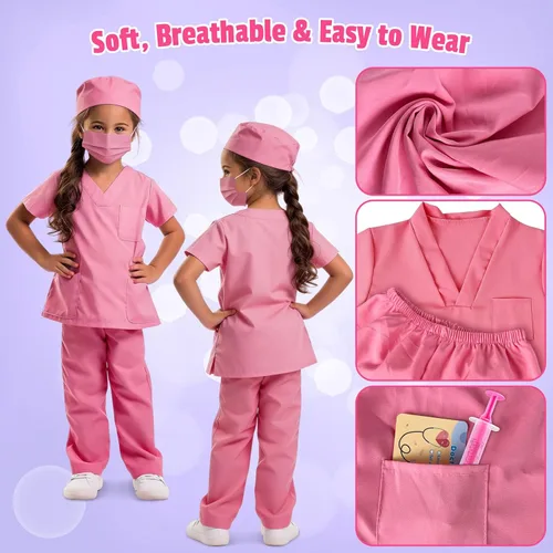 Vista 4 de UNGLINGA Disfraz de médico para niñas – Ropa quirúrgica para niños con bata de laboratorio, disfraz de médico para Halloween, día de la carrera