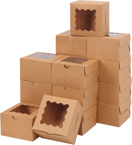 Vista 14 de Moretoes 120 cajas blancas para panadería, cajas de galletas de 4 x 4 x 2.5 pulgadas con ventana para pasteles pequeños, golosinas, donas, dulces