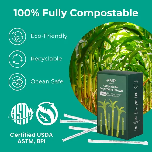 Vista 4 de Fit Meal Prep Paquete de 200 pajitas desechables biodegradables de 8 pulgadas envueltas individualmente, 100% compostables a base de plantas