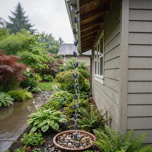 Vista 6 de Topadorn Cadenas de lluvia decorativas de 8.5 pies, cadena de canalón de hierro con 12 copas colectoras de lluvia, cadena de lluvia de hojas