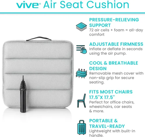 Vista 2 de Vive - Almohadilla de asiento para silla de ruedas inflable - Almohadilla de alivio de presión de aire ajustable para viajes, portátil
