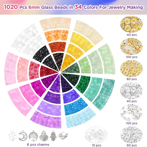 Vista 3 de 1368 piezas de cuentas de vidrio de 6 mm para pulseras, 34 colores de cuentas de cristal para hacer joyas, cuentas redondas de vidrio Funtopia