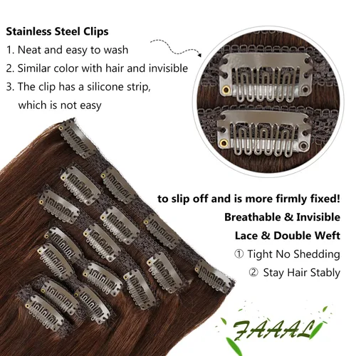 Vista 5 de Extensiones de cabello humano con clip de 14 pulgadas, 4.33 oz, 7 piezas, 16 clips, color marrón chocolate, doble trama, extensiones de cabello Remy