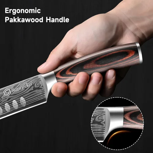Vista 7 de Sunnecko Juego de cuchillos profesionales para tallar barbacoa, cuchillo para cortar y deshuesar para cortar carne, cuchillo alemán de acero