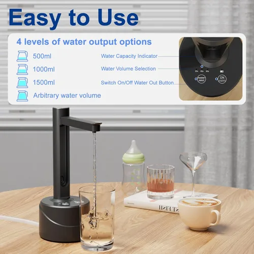 Vista 6 de Latedaux - Dispensador de botellas de agua eléctrica de escritorio de doble uso, de 5 galones, carga USB tipo C, bomba automática de botella de agua