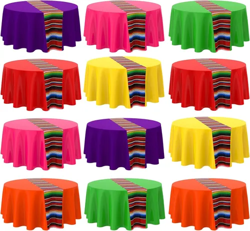 Vista 11 de Oudain Mantel de plástico de 84 pulgadas, impermeable, redondo, a rayas, para carnaval mexicano, boda, taco, lotería, decoración de fiesta (negro)