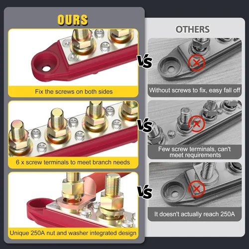 Vista 3 de MOFEEZ Barra de bus de bloque de distribución de energía, 4 postes de 5/16 pulgadas, 6 terminales de tornillos #8, máximo 48 V 250 A