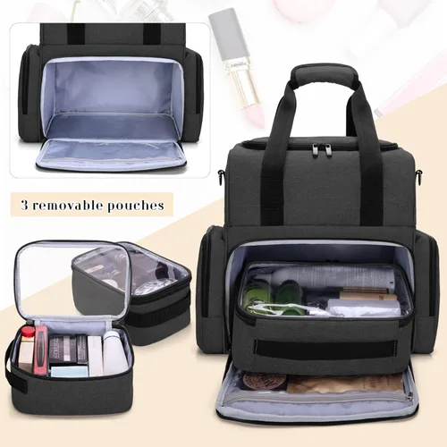 Vista 2 de BAFASO Bolsa de maquillaje de viaje grande de 2 capas con 3 bolsas interiores extraíbles, bolsa para el cabello, bolsa de cosméticos, estuche