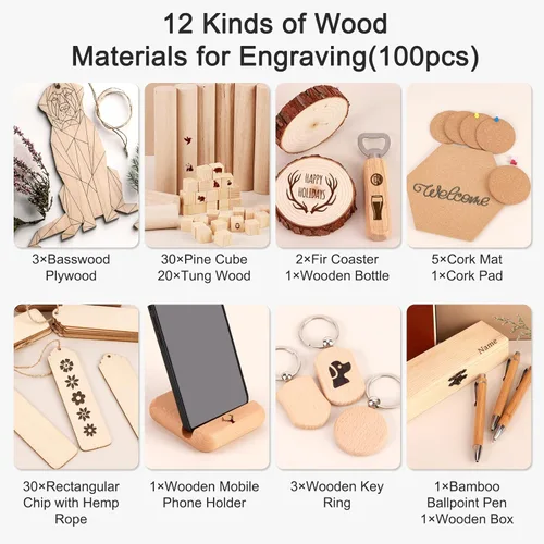 Vista 3 de Csyidio 300 piezas de material de grabado láser, 40 tipos de accesorios de grabado láser con instrucciones, suministros de grabado láser que