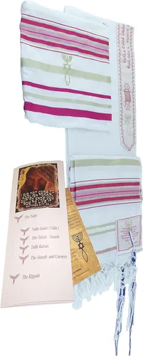 Vista 3 de Holy Land Market Chal mesiánico para mujer - The Messiah Tallit rosadorado Rosado