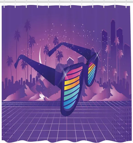 Vista 2 de Ambesonne Synthwave Shower Curtain, Rainbow Striped Retro Sunglasses on Big City with Tropical Palm Trees, Cloth Fabric Bathroom Decor Set with