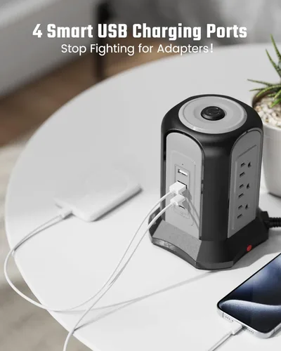 Vista 5 de SUPERDANNY - Regleta de alimentación con protección contra sobretensiones, estación de carga de escritorio, cable de extensión de 10 pies, 9 tomas
